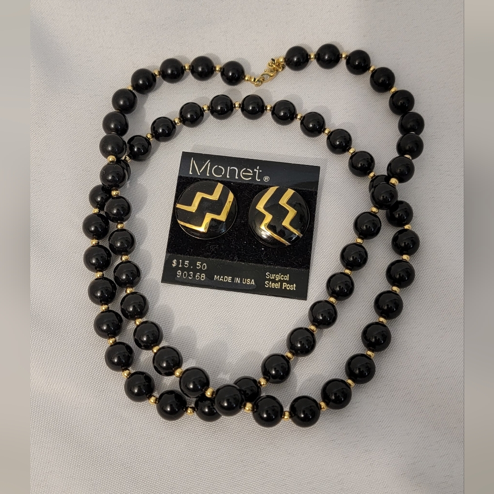 Monet Black and Gold Beaded Necklace, Earrings Set
